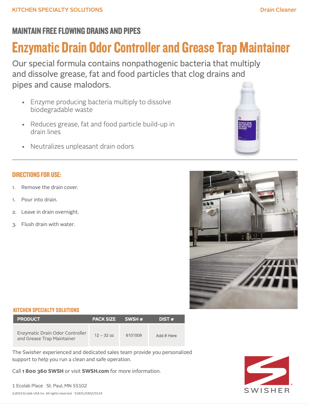 Swisher Enzymatic Drain Odor Controller and Grease Trap Maintainer